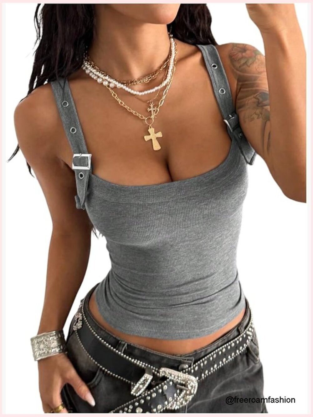 Y2K Tank Top Buckle Scoop Neck Sleeveless Ribbed Fitted Going Out Streetwear Top